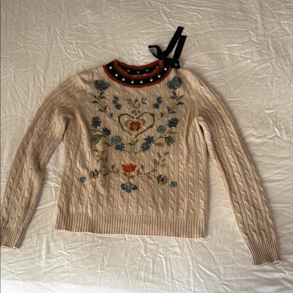 Embroidered Cream Sweater with Floral Design